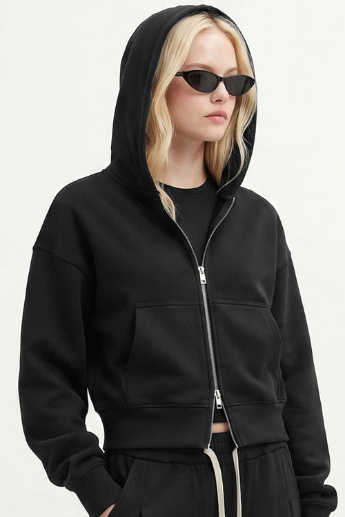Cropped Two-Way Zip Hoodie in Black - full-length front modeled view