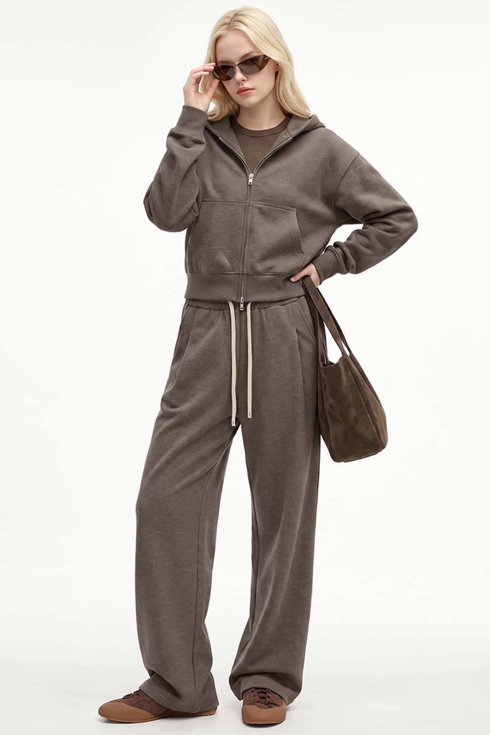 Cropped Two-Way Zip Hoodie in Coffee - full-length front modeled view