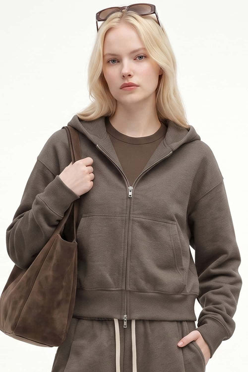 Cropped Two-Way Zip Hoodie in Coffee - full-length front modeled view