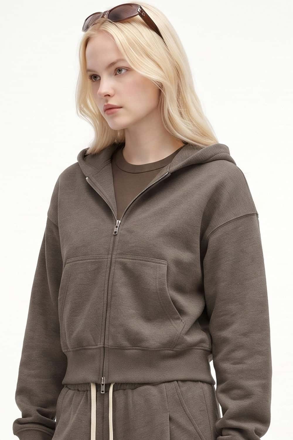 Cropped Two-Way Zip Hoodie in Coffee - three-quarter front modeled view