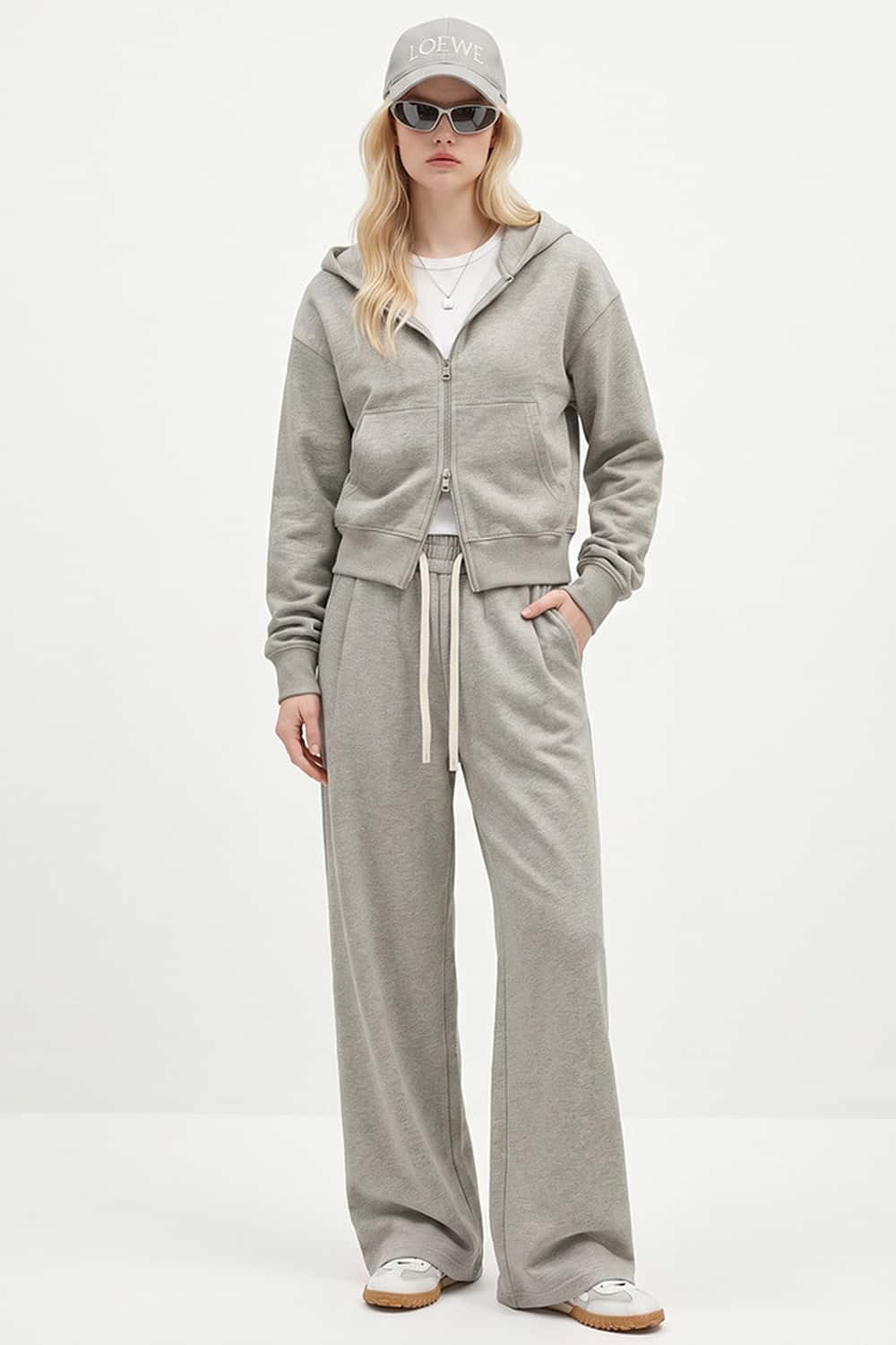 Cropped Two-Way Zip Hoodie in Oat Gray - full-length front modeled view