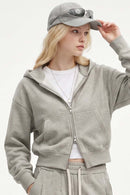 Cropped Two-Way Zip Hoodie in Oat Gray - three-quarter front modeled view