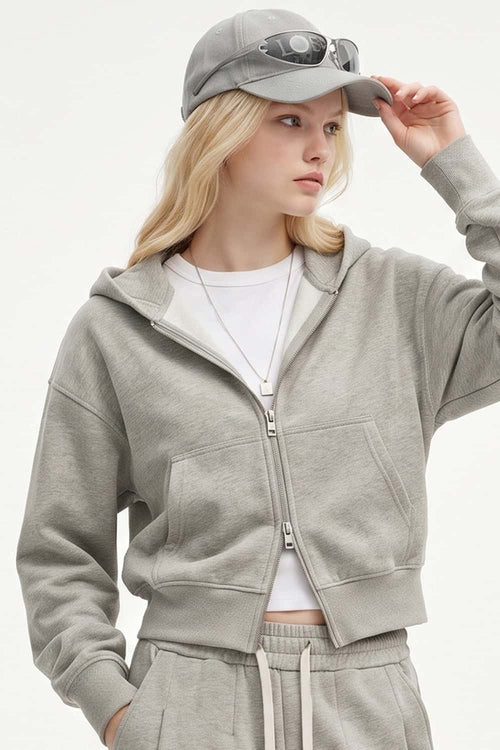 Cropped Two-Way Zip Hoodie in Oat Gray - three-quarter front modeled view