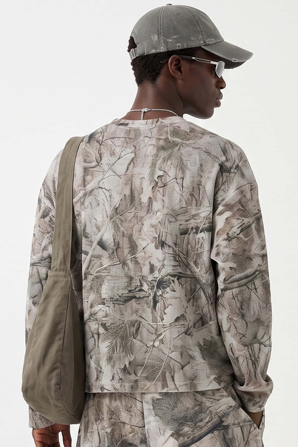 Botanical-Print Long-Sleeve Top in Gray Camel - rear three-quarter modeled view