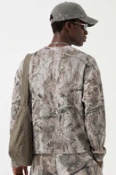 Botanical-Print Long-Sleeve Top in Gray Camel - rear three-quarter modeled view