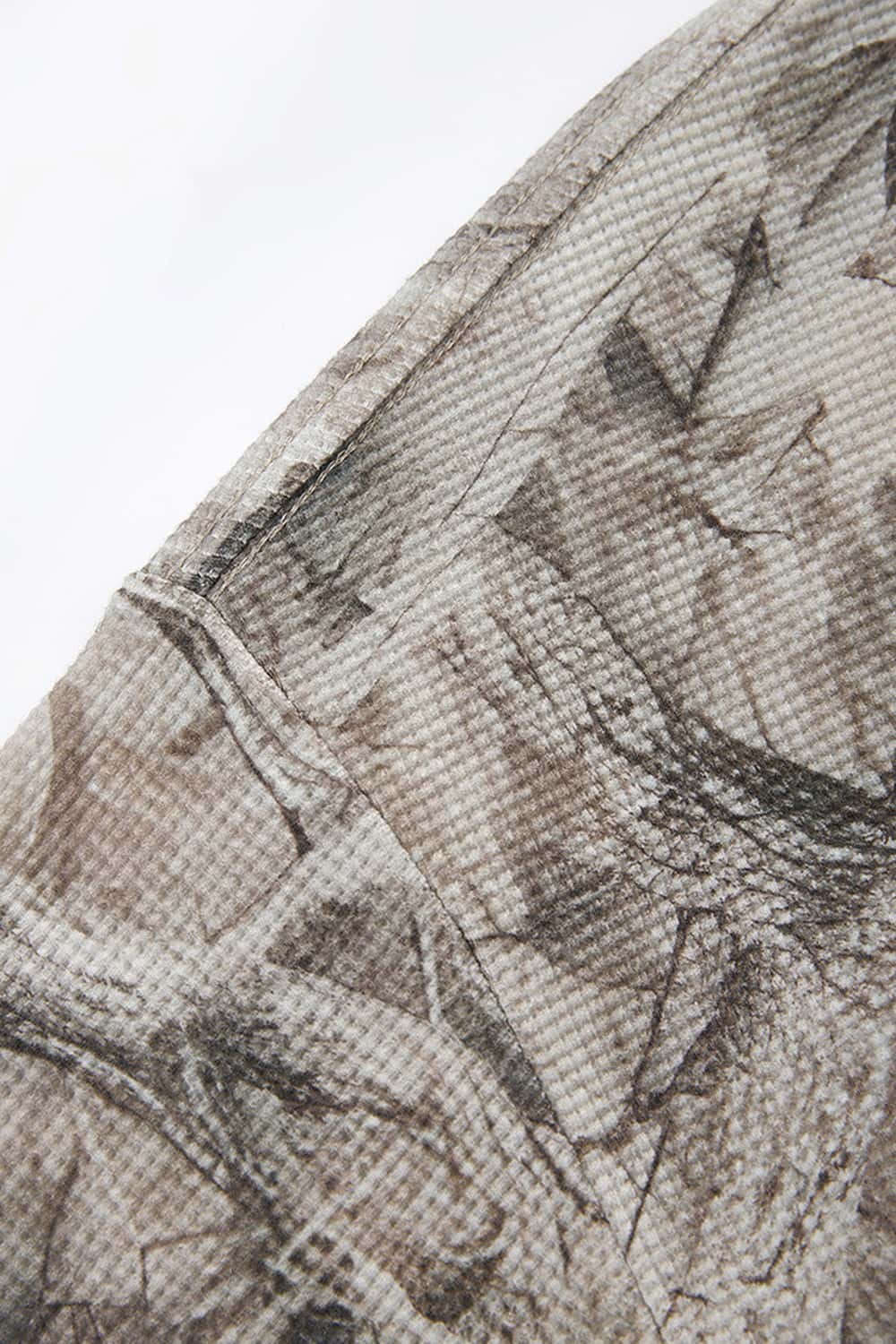 Botanical-Print Long-Sleeve Top in Gray Camel - fabric texture close-up