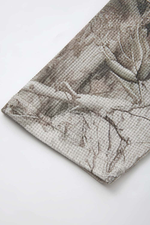 Botanical-Print Long-Sleeve Top in Gray Camel - cuff and hem detail