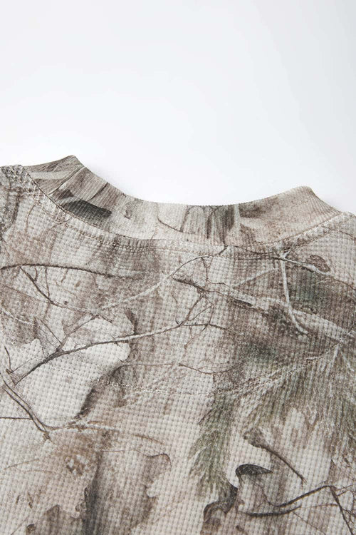 Botanical-Print Long-Sleeve Top in Gray Camel - collar detail