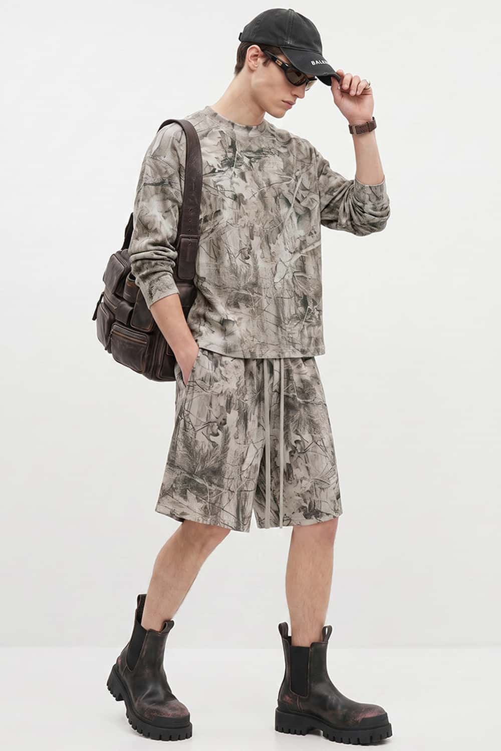Botanical-Print Long-Sleeve Top in Gray Camel - full-length front modeled view