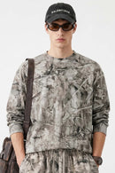 Botanical-Print Long-Sleeve Top in Gray Camel - front modeled view