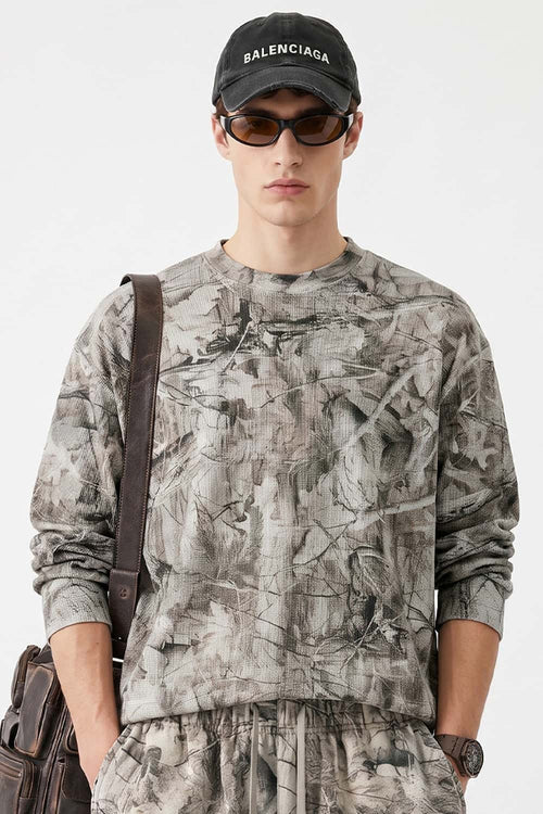 Botanical-Print Long-Sleeve Top in Gray Camel - front modeled view