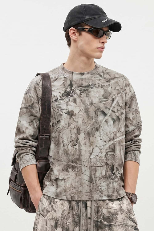 Botanical-Print Long-Sleeve Top in Gray Camel - three-quarter front modeled view