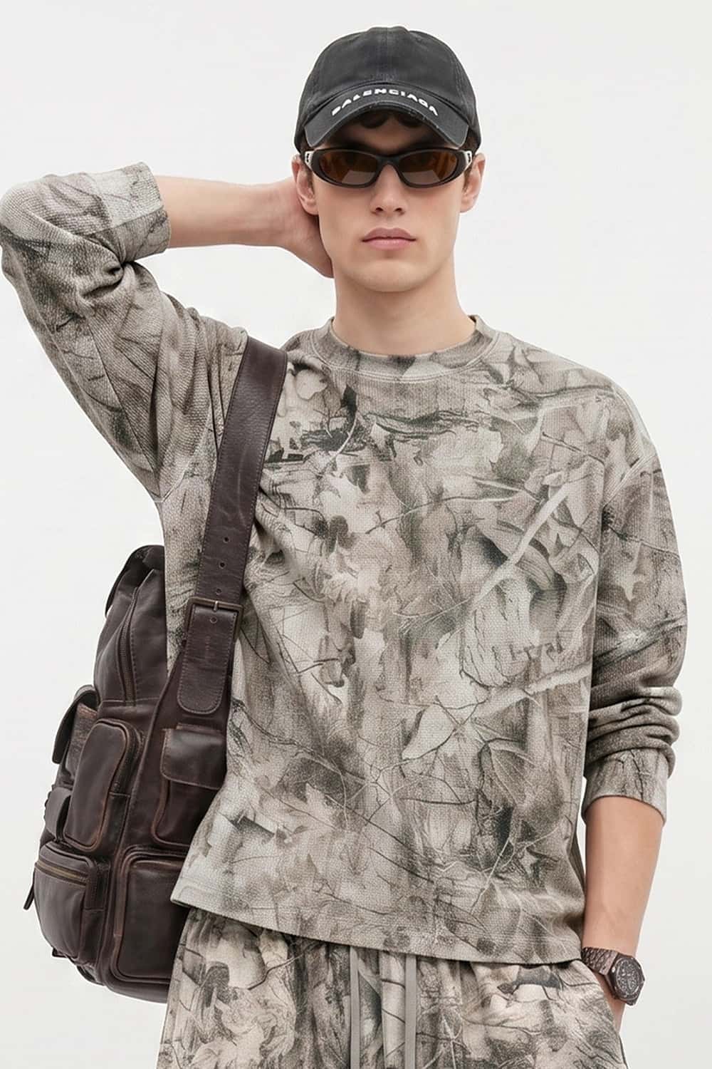 Botanical-Print Long-Sleeve Top in Gray Camel - three-quarter front modeled view