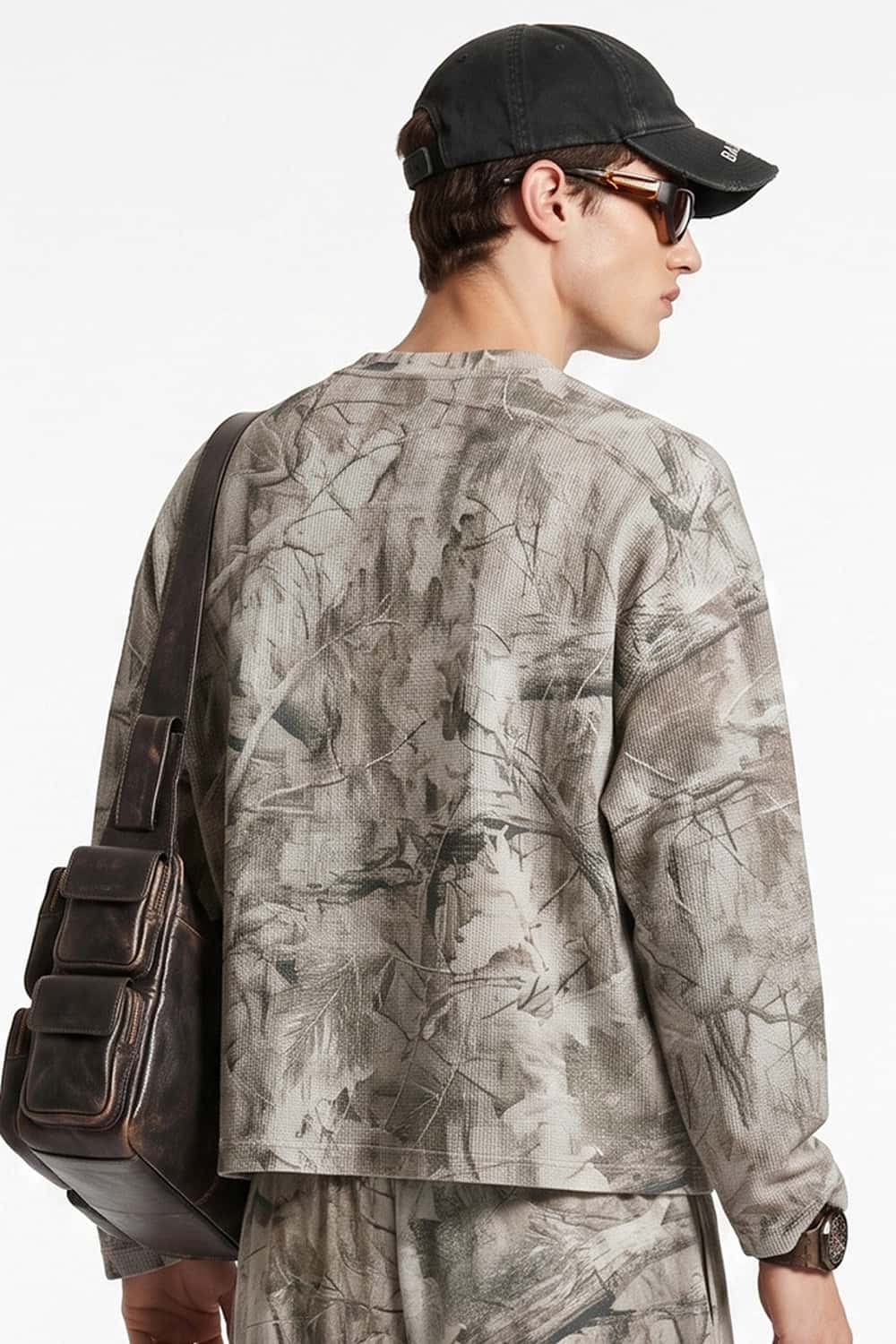 Botanical-Print Long-Sleeve Top in Gray Camel - rear three-quarter modeled view