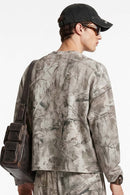 Botanical-Print Long-Sleeve Top in Gray Camel - rear three-quarter modeled view