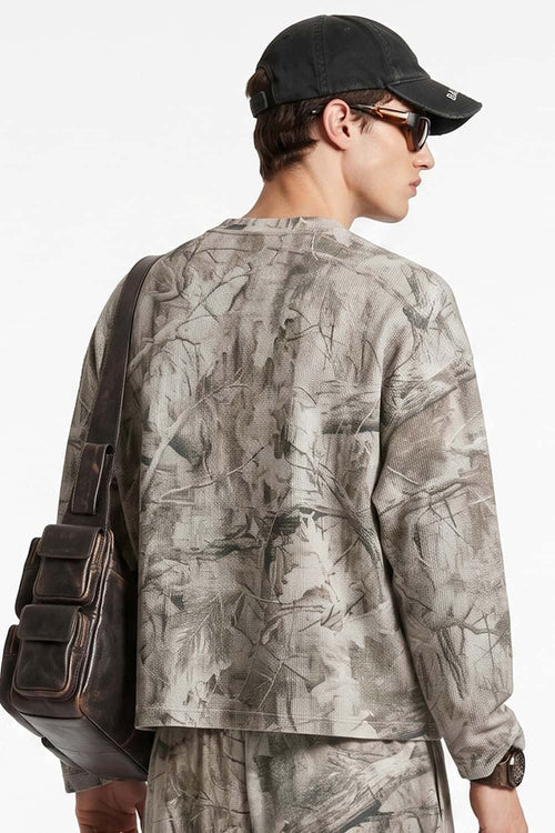Botanical-Print Long-Sleeve Top in Gray Camel - rear three-quarter modeled view