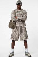Botanical-Print Long-Sleeve Top in Gray Camel - full-length front modeled view