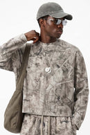 Botanical-Print Long-Sleeve Top in Gray Camel - front modeled view