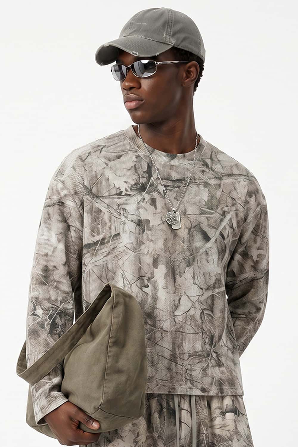 Botanical-Print Long-Sleeve Top in Gray Camel - three-quarter front modeled view