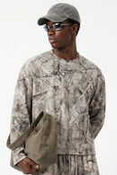 Botanical-Print Long-Sleeve Top in Gray Camel - three-quarter front modeled view