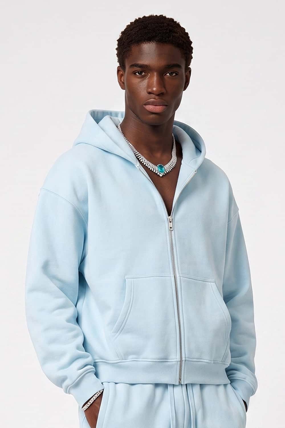 Heavyweight Boxy Zip-Up Hoodie in Baby Blue - three-quarter front modeled view
