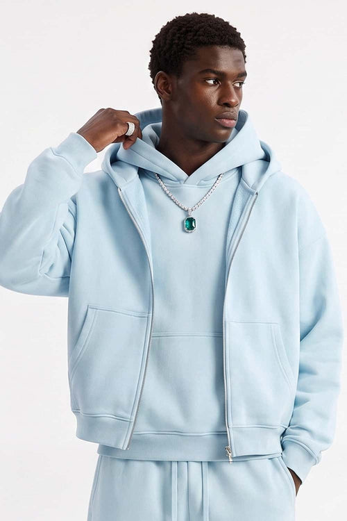 Heavyweight Boxy Zip-Up Hoodie in Baby Blue - three-quarter front modeled view