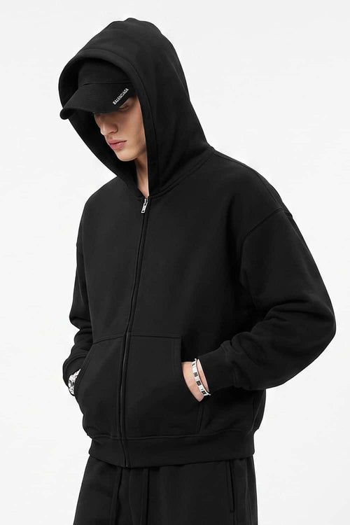 Heavyweight Boxy Zip-Up Hoodie in Black - three-quarter front modeled view