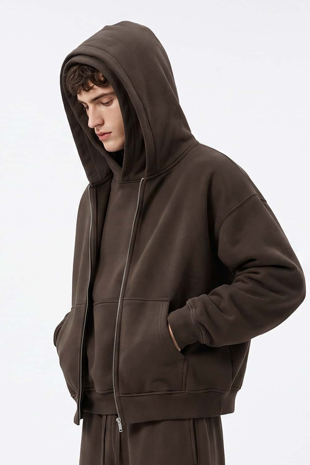 Heavyweight Boxy Zip-Up Hoodie in Brown - three-quarter front modeled view