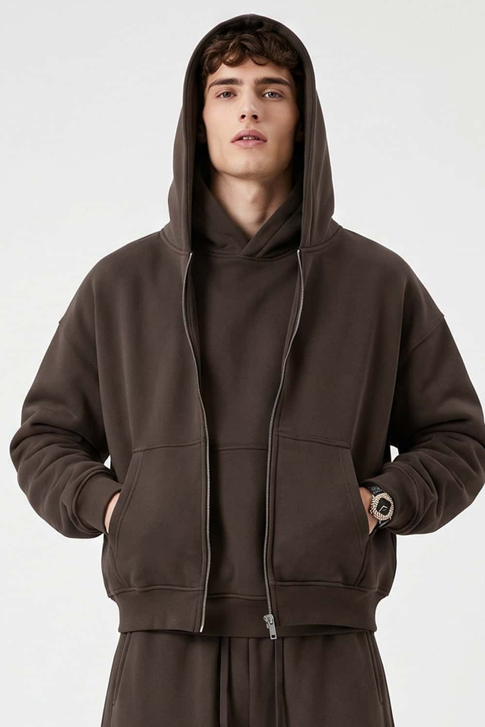 Heavyweight Boxy Zip-Up Hoodie in Brown - front modeled close-up