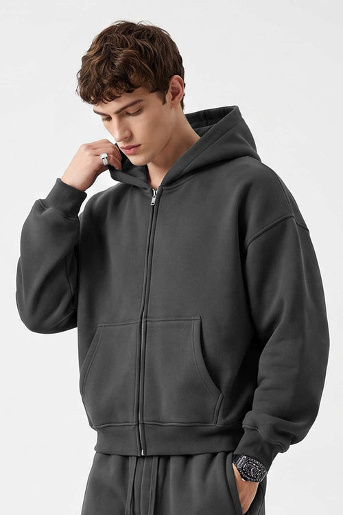 Heavyweight Boxy Zip-Up Hoodie in Dark Gray - three-quarter front modeled view