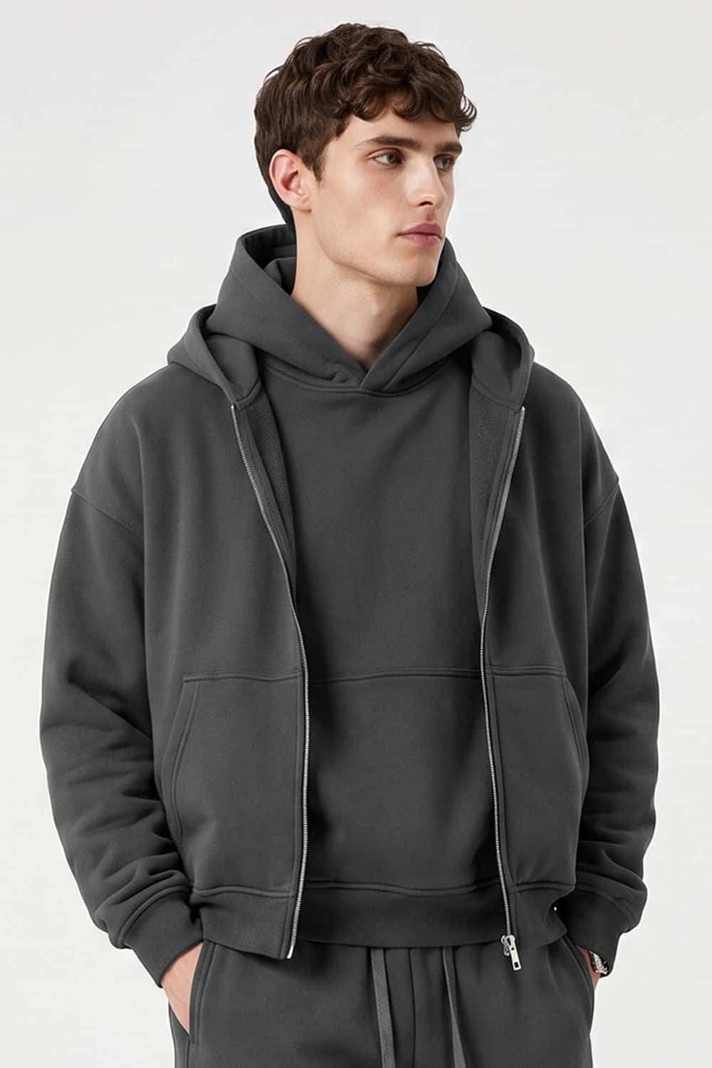 Heavyweight Boxy Zip-Up Hoodie in Dark Gray - front modeled close-up