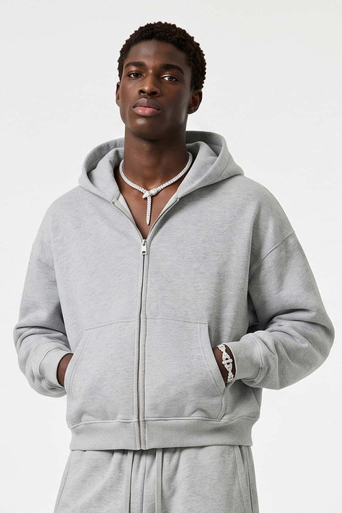 Heavyweight Boxy Zip-Up Hoodie in Flower Gray - front modeled close-up