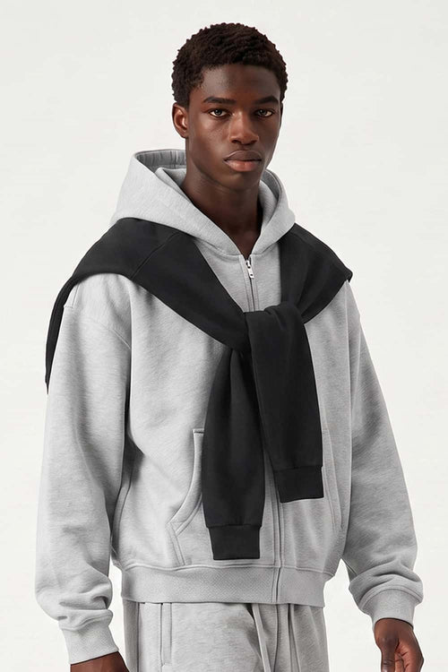 Heavyweight Boxy Zip-Up Hoodie in Flower Gray - three-quarter front modeled view