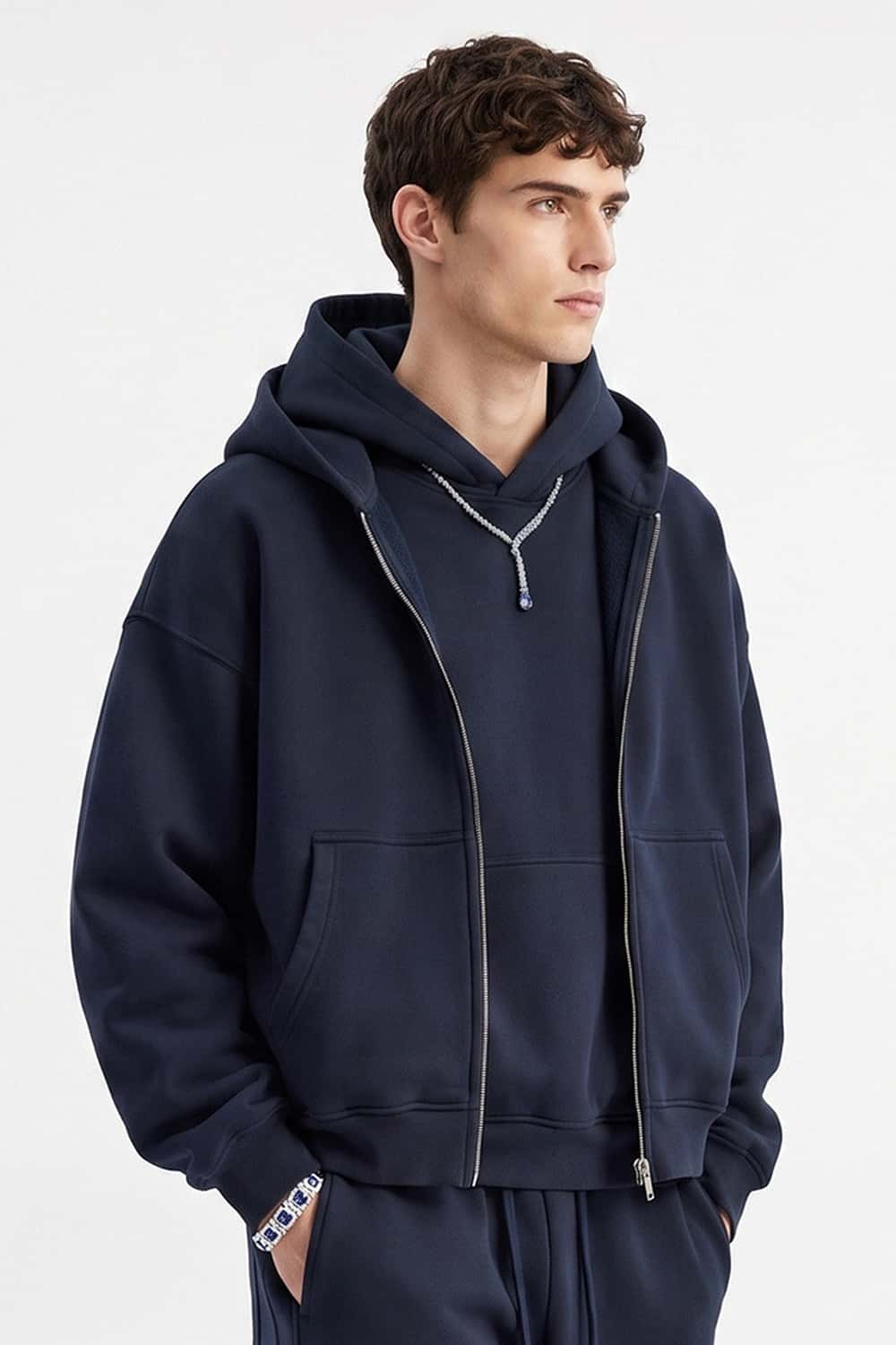 Heavyweight Boxy Zip-Up Hoodie in Midnight Blue - three-quarter front modeled view