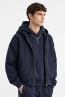 Heavyweight Boxy Zip-Up Hoodie in Midnight Blue - three-quarter front modeled view