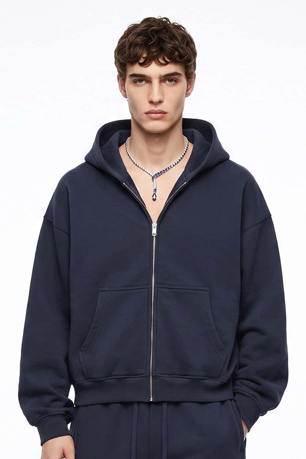 Heavyweight Boxy Zip-Up Hoodie in Midnight Blue - front modeled close-up