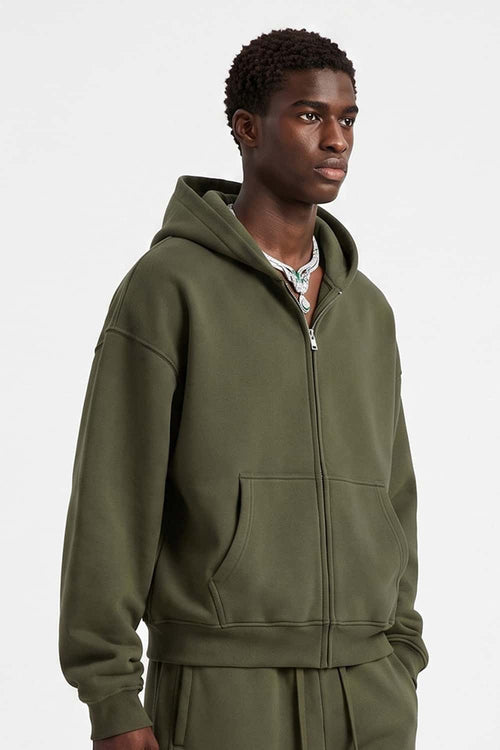 Heavyweight Boxy Zip-Up Hoodie in Military Green - three-quarter front modeled view