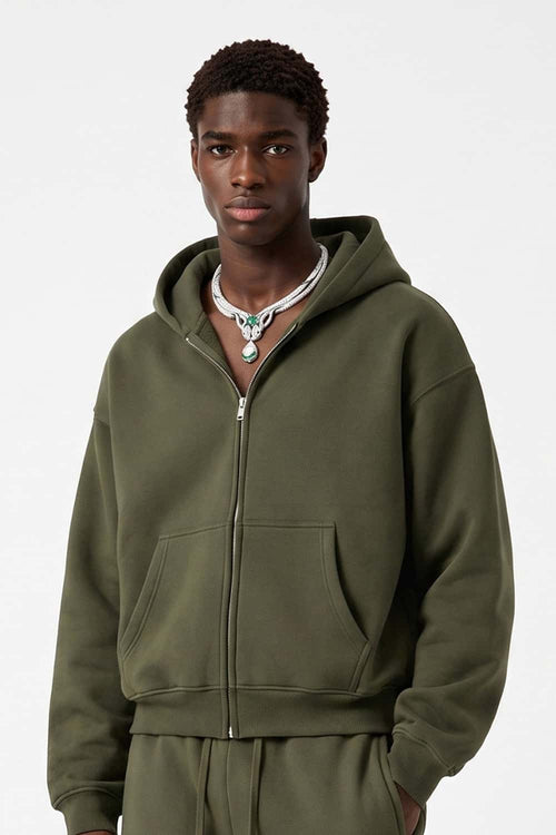 Heavyweight Boxy Zip-Up Hoodie in Military Green - front modeled close-up