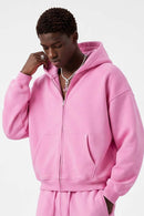 Heavyweight Boxy Zip-Up Hoodie in Pink - three-quarter front modeled view