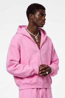 Heavyweight Boxy Zip-Up Hoodie in Pink - three-quarter front modeled view