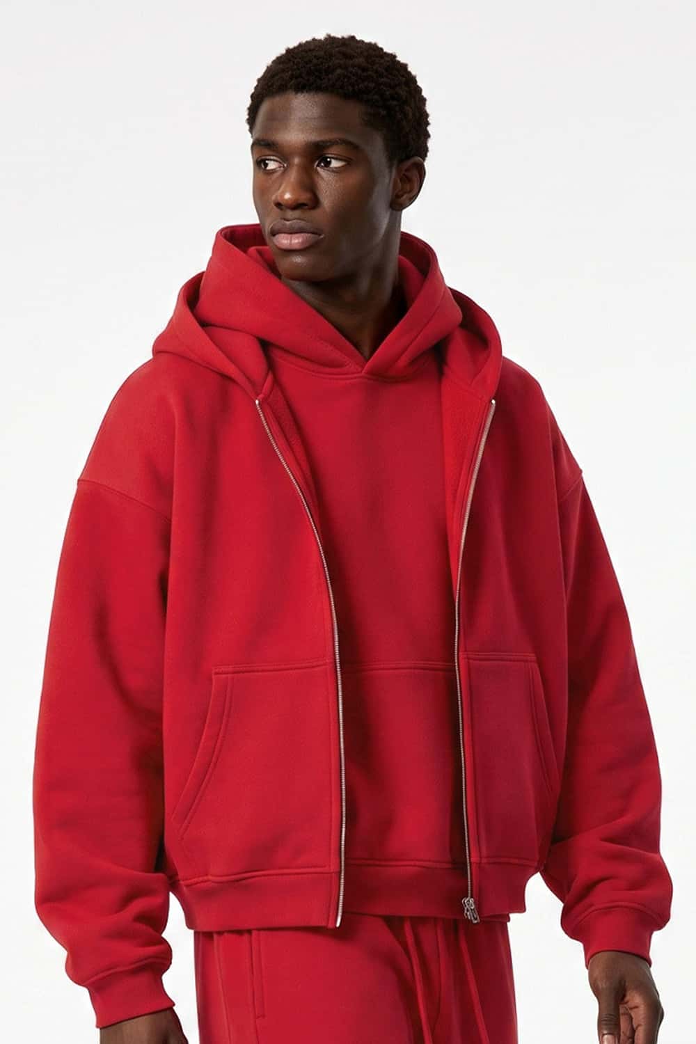 Heavyweight Boxy Zip-Up Hoodie in Red - three-quarter front modeled view