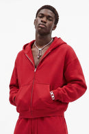 Heavyweight Boxy Zip-Up Hoodie in Red - front modeled close-up
