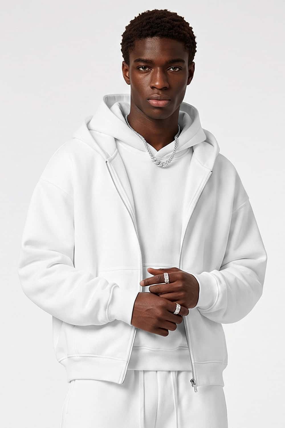 Heavyweight Boxy Zip-Up Hoodie in White - front modeled close-up