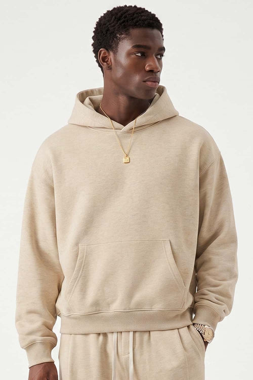 Relaxed Pullover Hoodie in Apricot - front modeled view