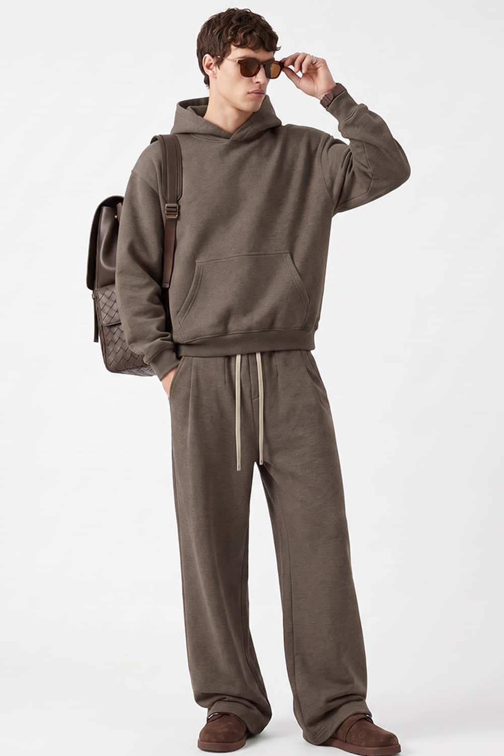 Relaxed Pullover Hoodie in Coffee - full-length front modeled view
