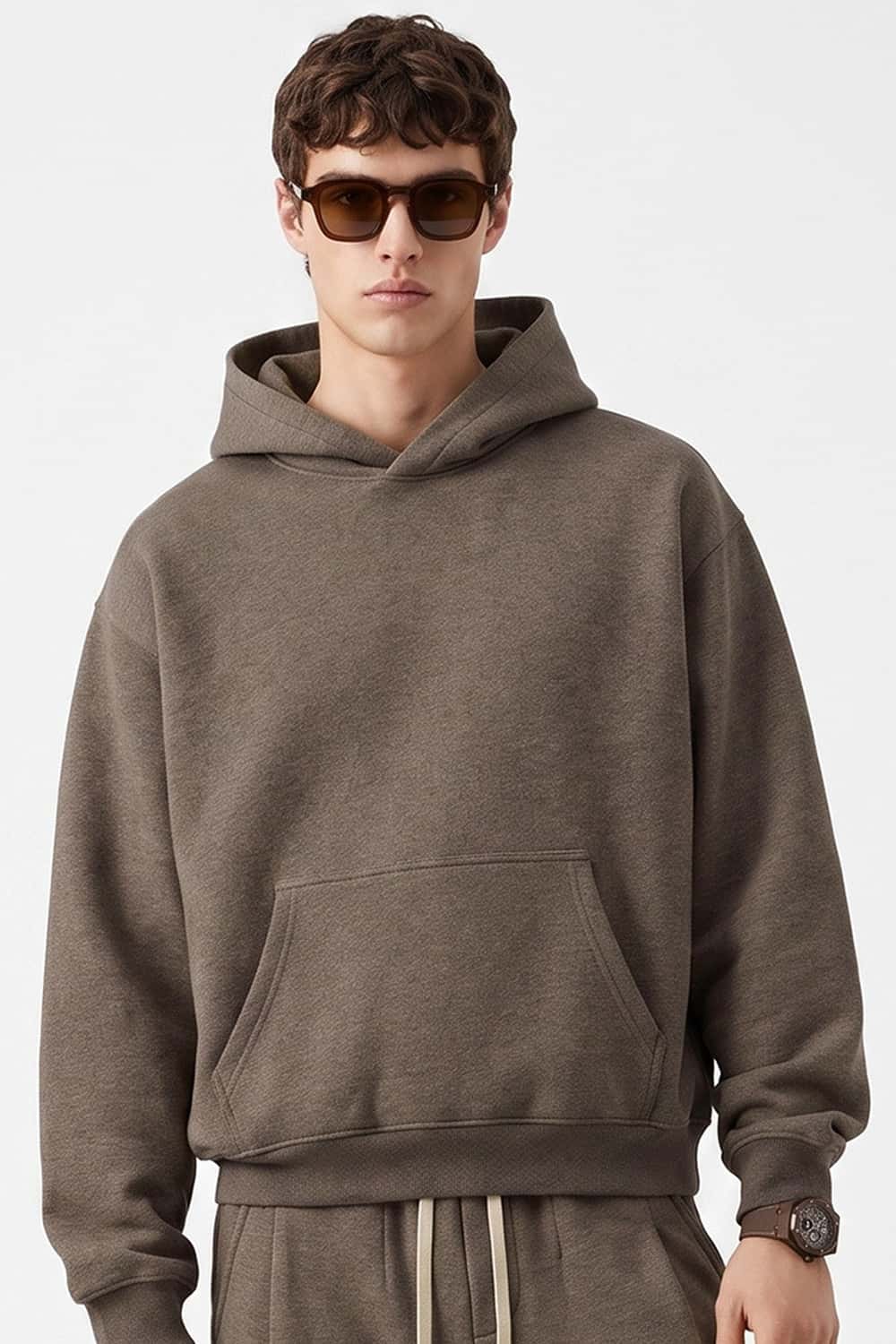 Relaxed Pullover Hoodie in Coffee - front modeled view