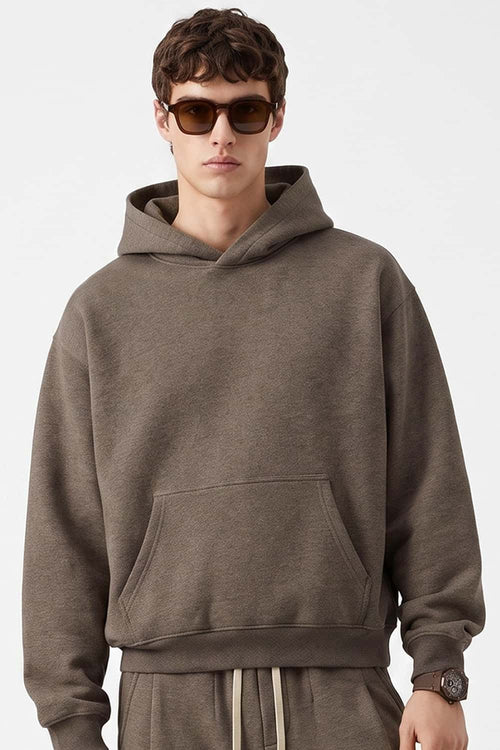 Relaxed Pullover Hoodie in Coffee - front modeled view
