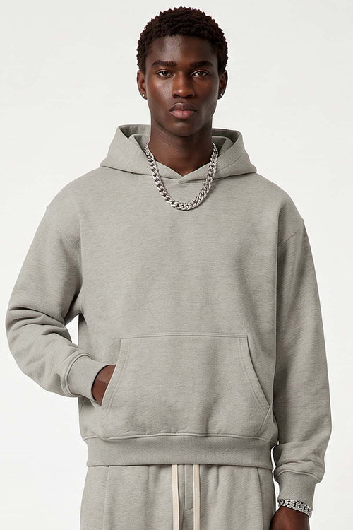 Relaxed Pullover Hoodie in Oat Gray - front modeled view