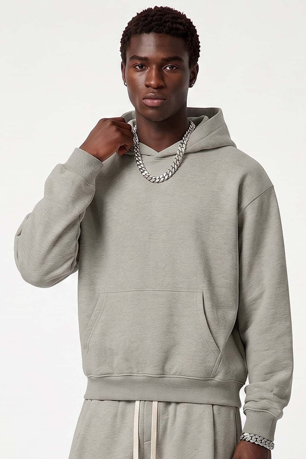 Relaxed Pullover Hoodie in Oat Gray - front modeled view