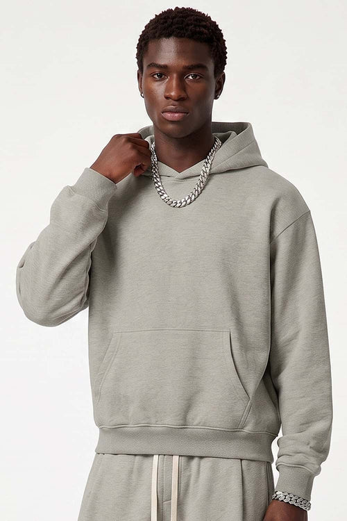 Relaxed Pullover Hoodie in Oat Gray - front modeled view